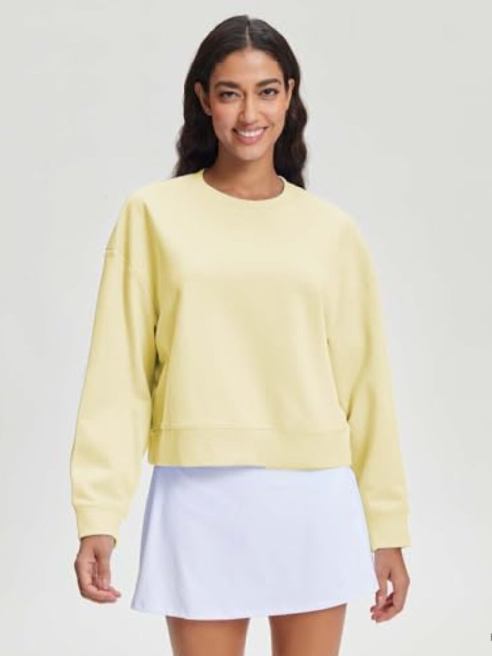 Women's Cropped Crewneck Sweatshirt Relaxed Fit Cotton Blend Lightweight - Picture 2 of 6